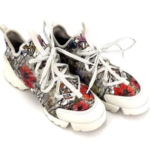 Dior D Connect Mille Fleurs White Red Floral Lace Up Flat Trainer Sneaker 39.5